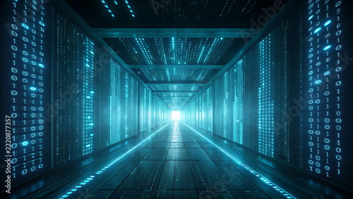 Futuristic Digital Data Tunnel with Glowing Neon Binary Code