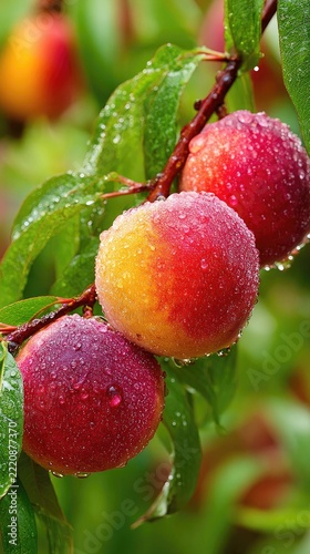 Close up of ripe peaches on a branch with water droplets and green leaves