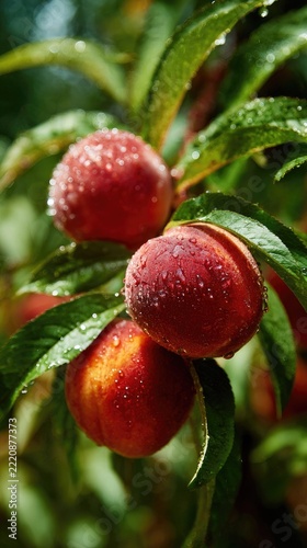 Close up of ripe peaches on a branch with green leaves and water droplets