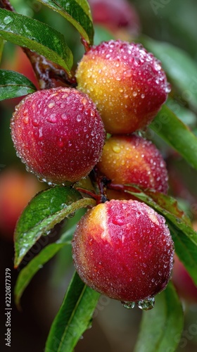 Close up of ripe peaches with water droplets on branch