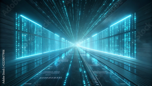 Futuristic Digital Data Tunnel with Glowing Neon Binary Code