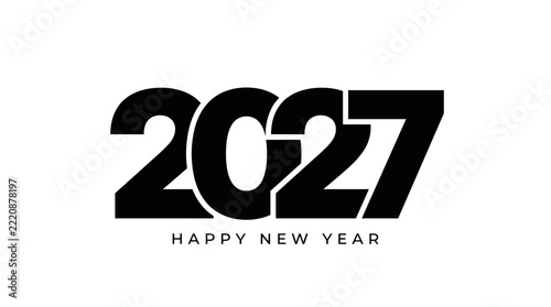 Bold 2027 Happy New Year text logo, minimalist black and white holiday typography, modern vector design for calendar covers and event invitations.