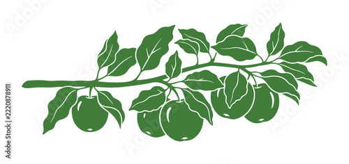 A tree branch loaded with leaves and fresh garden apples, rendered as a hand-drawn silhouette graphic. This green illustration works great for farm product packaging designs.