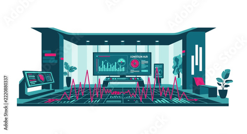 Futuristic Data Analytics Command Center Illustration with Connection Hub Dashboard and Digital Financial Graphs