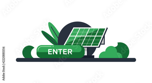 Renewable Solar Energy Concept Vector Illustration with Enter Button and Sustainable Greenery