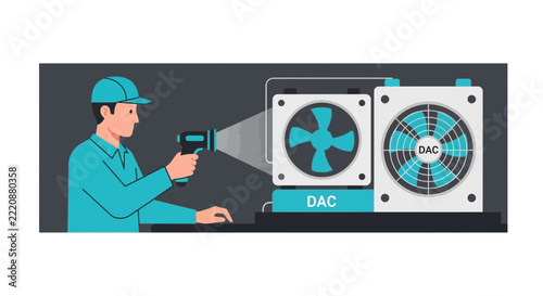 Technician Inspecting Direct Air Capture (DAC) Carbon Sequestration Equipment