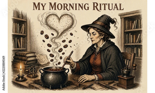 Vintage style illustration of a mystical witch brewing aromatic coffee in a cauldron with heart-shaped steam in a library