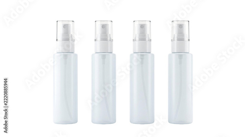 Four Clear Spray Bottles with White Caps and Labels.