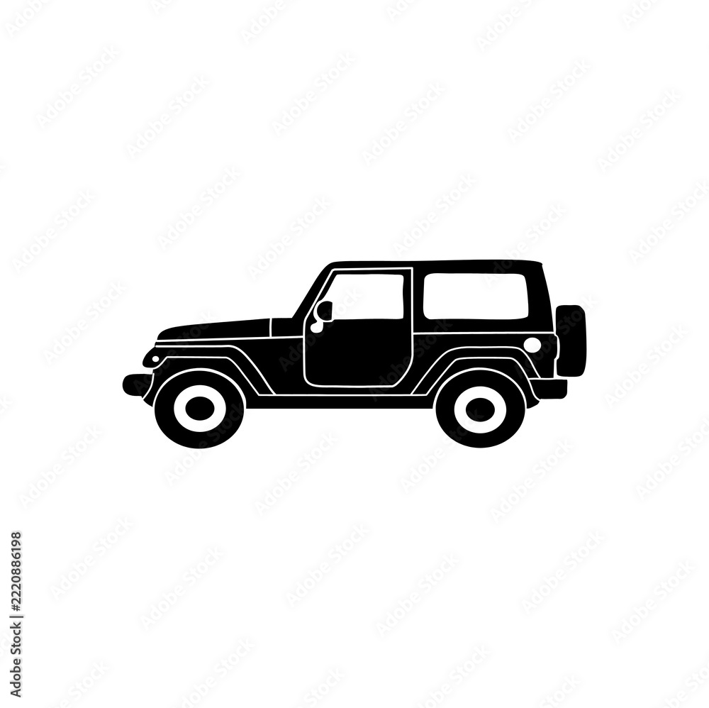 Fototapeta premium black silhouette illustration of a classic 4x4 off-road SUV truck, side view profile, isolated on a white background. Ideal for adventure, camping, extreme sports, and overland designs