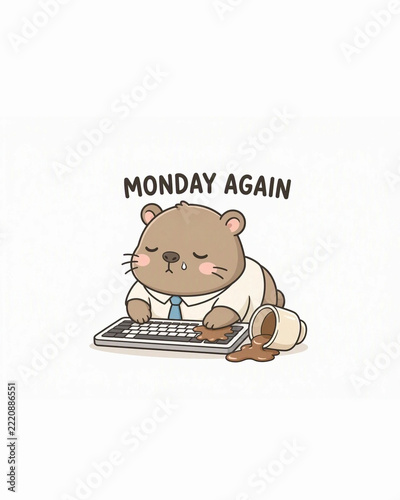 Exhausted cartoon bear working in an office with a spilled coffee cup and keyboard saying Monday again cute animal illustration