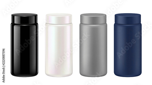 Four Colorful Plastic Bottles Standing Side by Side.
