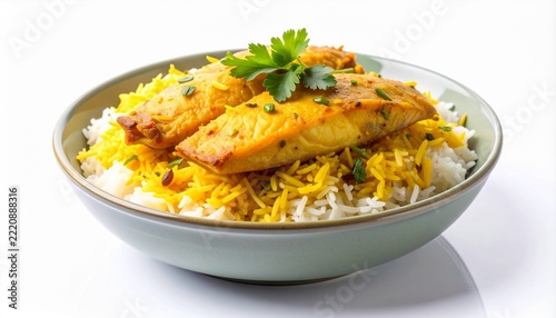 Delicious Grilled Salmon Fillets Served Over Fluffy White Rice with Garnish.