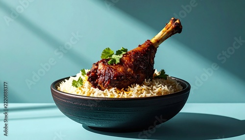 Delicious Braised Lamb Shank Served Over Fluffy Rice with Fresh Herbs.