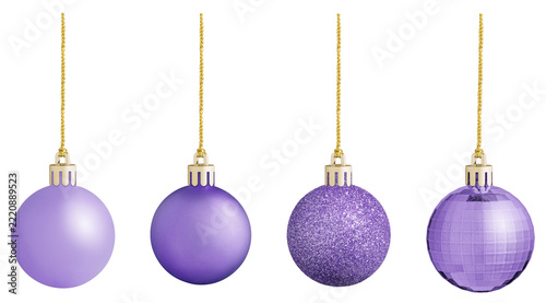 Luxury Purple Christmas baubles hanging on strings for holiday design. Festive New Year party decoration collection element template with copy space