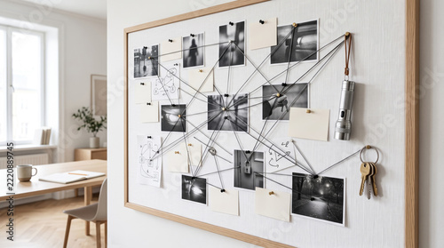 Detective Investigation Evidence Board with Photos and String Connections on a Modern Wall Mounted Corkboard