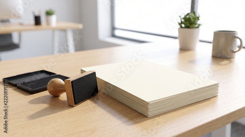 Rubber stamp lying beside stack of blank paper on bright wooden desk