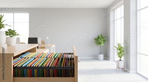 Open filing cabinet drawer with colorful hanging folders in office