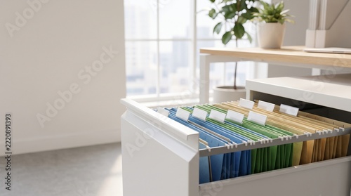 White file cabinet drawer with labeled hanging folders, office storage