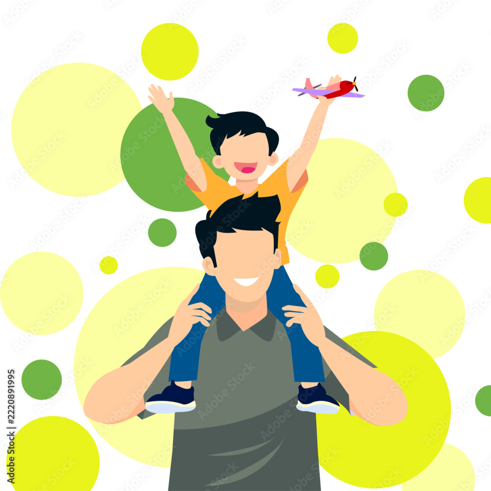 Fototapeta premium Father carrying young son on shoulders holding red toy airplane happy together celebrating Father's Day conceptual illustration