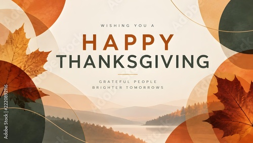 Happy Thanksgiving Typography with Autumn Maple Leaves and Geometric Overlays Graphic Illustration for Holiday Banner Background