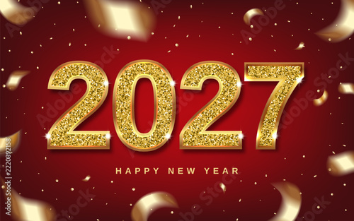 Christmas 2027 numbers sparkle with gold, ribbons and swirling confetti.