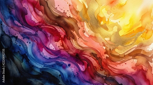 A vibrant watercolor painting showcases a dynamic blend of colors, primarily featuring shades of blue, purple, red, and gold.