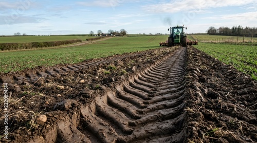 A green tractor plows a freshly tilled field. The tractor driver is working in a rural landscape.
