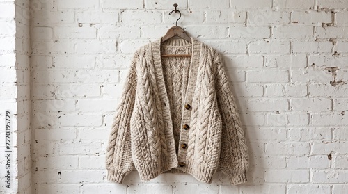 Cozy cable knit cardigan sweater on wooden hanger, vintage beige wool knitted jumper hanging on white brick wall, autumn fashion apparel