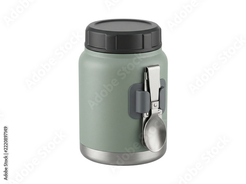Insulated Stainless Steel Food Jar Vacuum Thermos Container with Spoon Attached Isolated on White Background