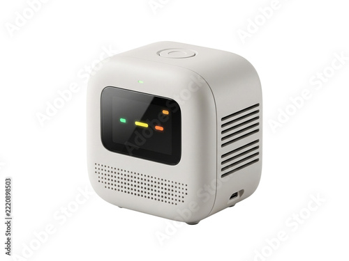 Modern White Smart Assistant Robot Speaker with LED Digital Display Isolated on White Background