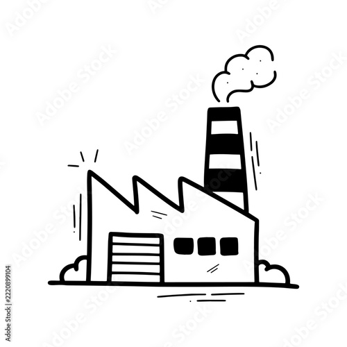 Hand drawn factory illustration with industrial building, smokestack and rising smoke, manufacturing industry concept in black and white line art, isolated on white background. Doodle Vector - EPS 10 