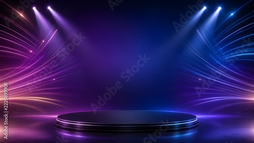 Cyber neon stage background with dark round podium and glowing light lines