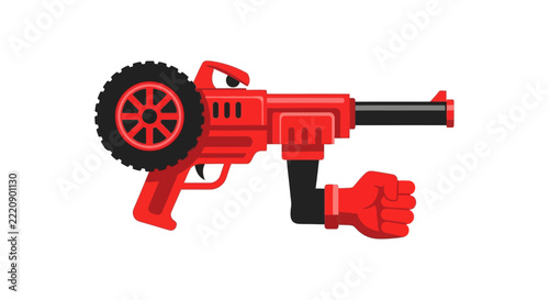 Cartoon Red Gun with Wheel and Fist, Funny Weapon Character