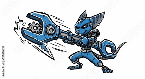 Cartoon Mechanic Rat Character Holding Giant Wrench with Gear