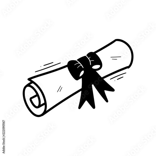Hand drawn diploma scroll illustration with ribbon, graduation certificate and academic achievement symbol in black and white line art, isolated on white background. Doodle Vector