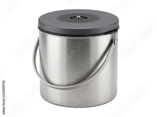 Stainless Steel Compost Bin Kitchen Food Waste Container with Lid and Handle Isolated on White Background