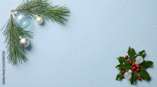 Green pine branch with snow and berries on white