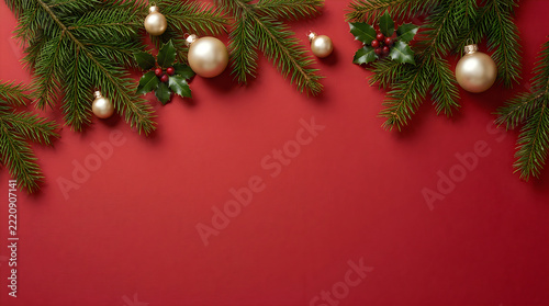 Christmas garland with green pine and red baubles