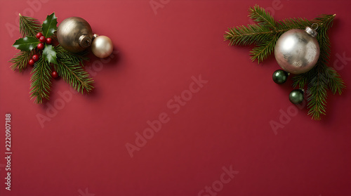 Two green christmas trees with ornaments on red background