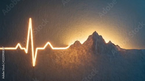 Mountain silhouette with glowing ECG heartbeat line