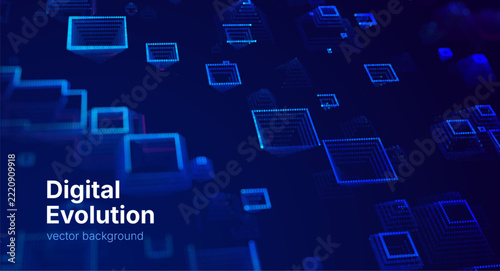 Abstract blue and purple digital vector background with glowing particles and data patterns. Artificial intelligence, AI research, digital evolution and futuristic technology concept.