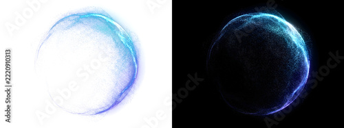 Sphere of scattered cyan and purple particles with a glowing curved edge and a dark center for tech backgrounds in PNG, Transparent and Black Background Versions