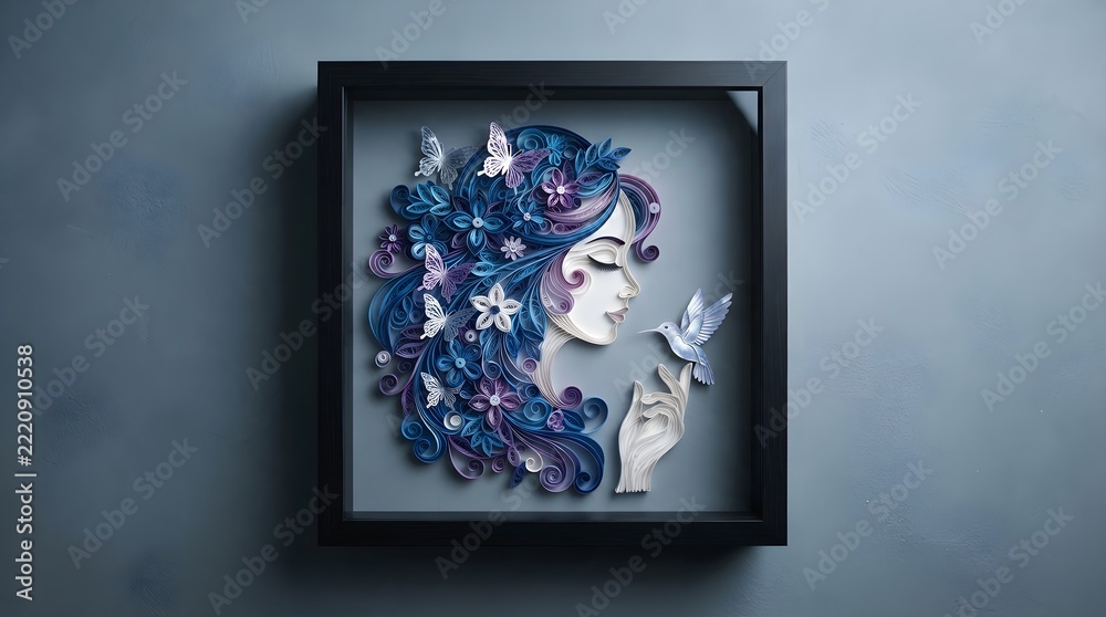 Fototapeta premium Elegant Paper Quilling Art Featuring a Feminine Profile with Intricate Floral Hair Hummingbird and Butterflies in a Black Frame