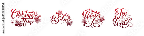 Winter and Christmas Lettering Set with Decorative Script, Evergreen Sprigs and Holiday Messages