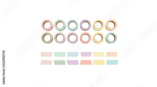 Pastel washi tape rolls and strips isolated on transparent background