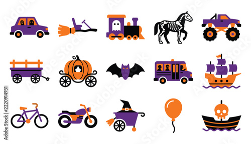 Halloween themed transportation clipart icons set with vehicles and