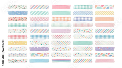 Set of colorful washi tape strips with various patterns including floral, stripes, polka dots, and gingham isolated on transparent background