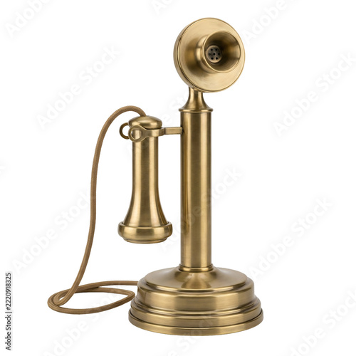 Brass candlestick telephone for antique decor, isolated on transparent background