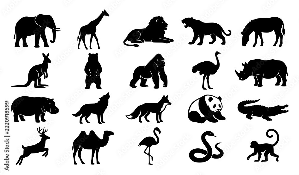Fototapeta premium Zoo Animal Collection with Wild Animal Black Silhouette Vector Illustrations