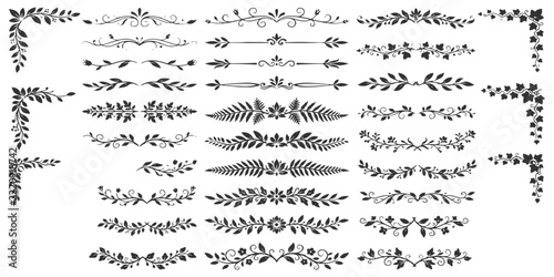 Vintage floral dividers, corners, and ornamental scroll flourishes vector illustration design set.